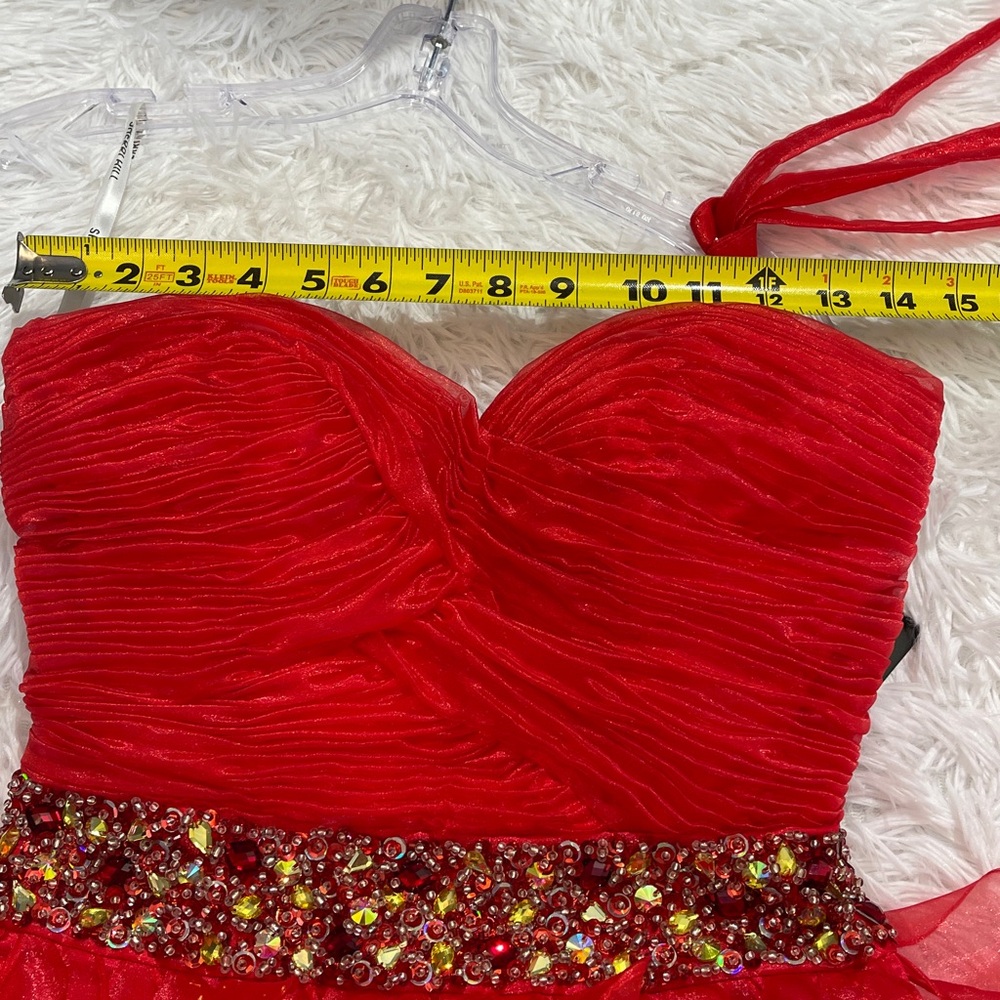 Sherri Hill Red CORKSCREW Ruffled Dress WOMENS SIZE 0 NWT GEMSTONE WAISTBAND - Picture 15 of 15